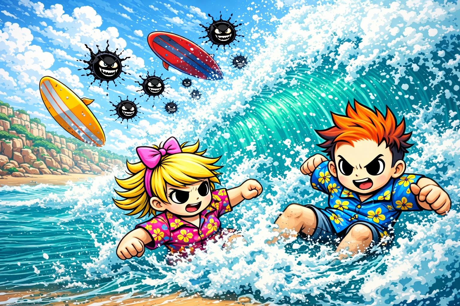 The wave crashes and the kids wipe out